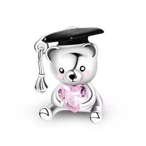 PANDORA 925 Silver Graduation Bear Charm | Pink Heart CZ Cap Bead Gift